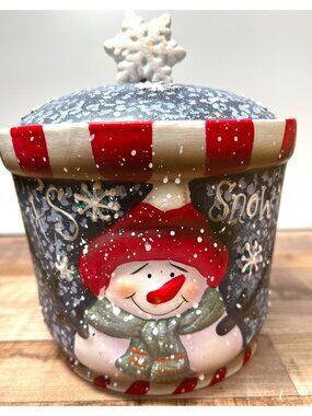 Whimsical Winter Snowman Ceramic Storage Canister With Decorative Lid